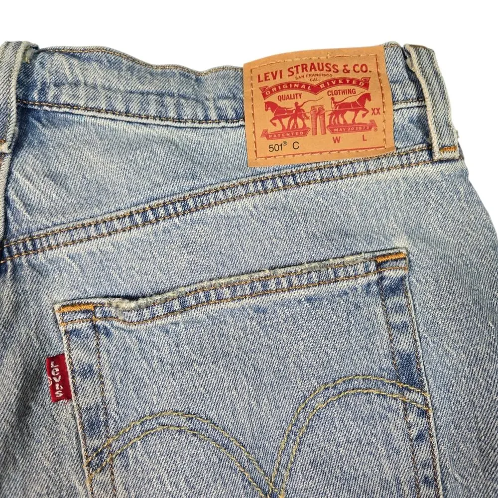 Levis 501 Curve Button Fly Distressed Denim Shorts Blue W32 High Rise Cut Offs